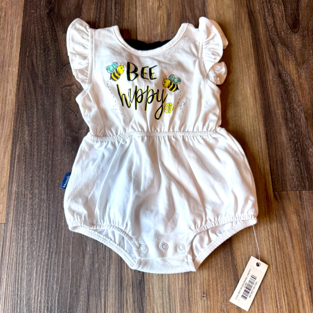 Simply Southern Bee Happy Bubble Romper One Piece 0-6M Baby Girl Ruffle Bow NWT